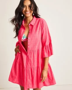 Tommy Bahama Cotton Clip Jacquard Coverup Shirt Dress-Women Beach Coverups|Dresses