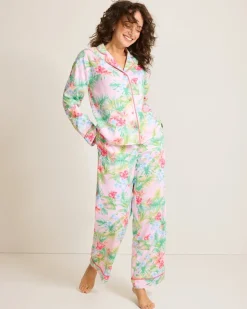 Tommy Bahama Woven Sateen Long Sleeve & Pants Pajama Set-Women Sleepwear